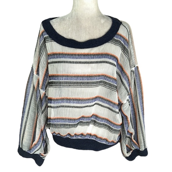Free People Striped Mesh Puff Sleeve Cropped Oversized Sweater - XS - Picture 1 of 12